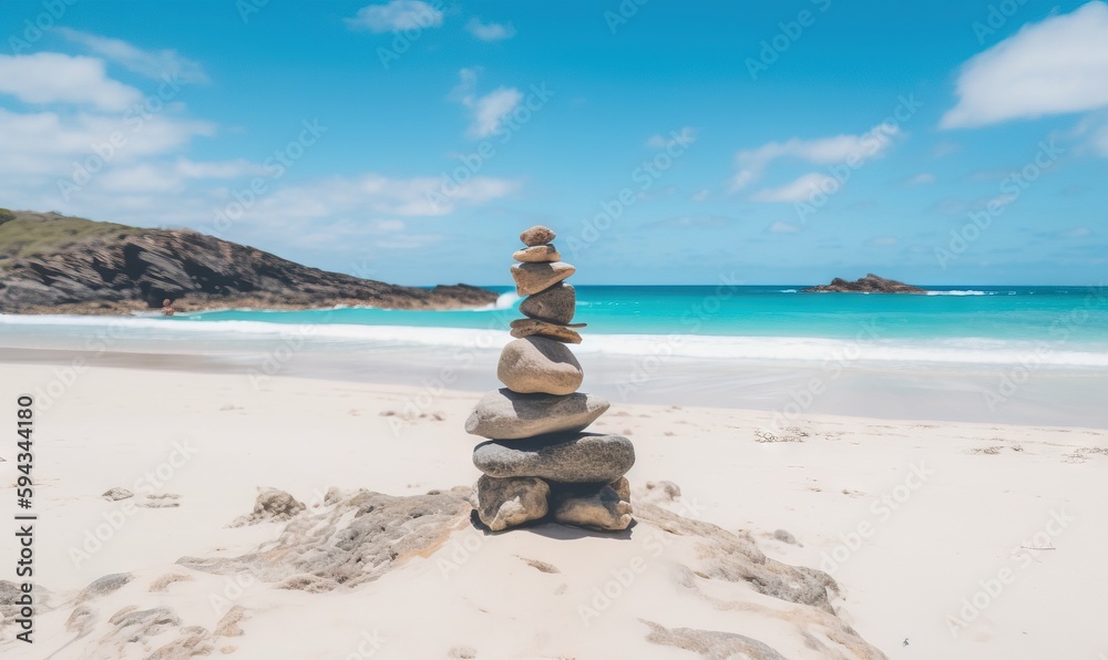  a stack of rocks sitting on top of a sandy beach next to the ocean with a blue sky and white clouds