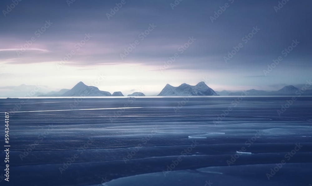  a group of icebergs floating in the ocean under a cloudy sky with ice floes in the foreground and m