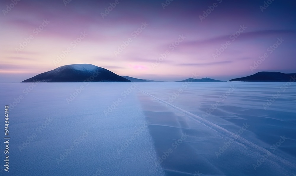  a snowy landscape with mountains in the distance and a long line of tracks in the snow leading to t