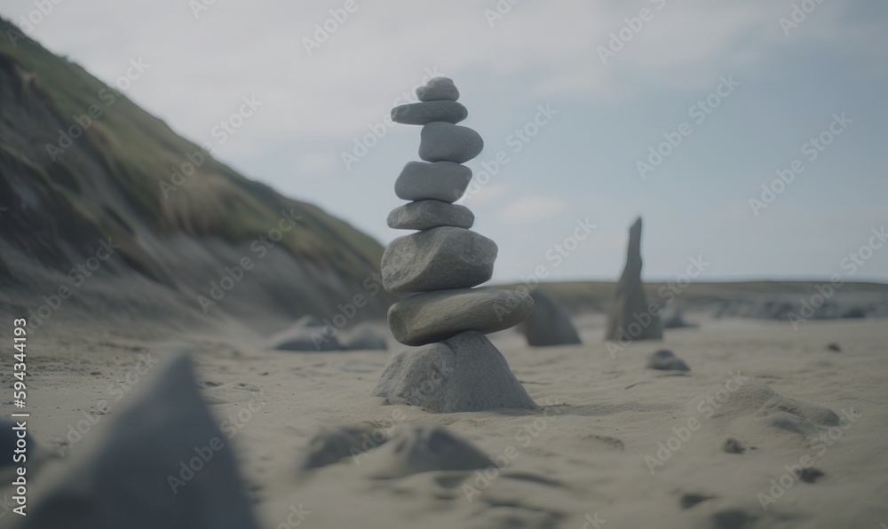  a pile of rocks sitting on top of a sandy beach next to a hill covered in grass and rocks on top of