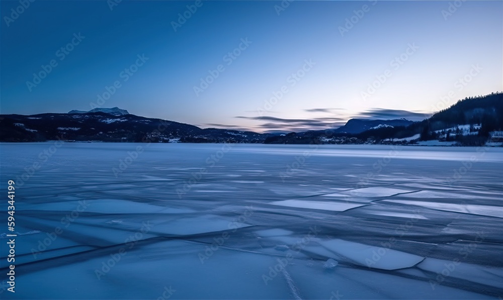  a frozen lake with mountains in the background at dusk with a blue sky and some clouds in the sky a