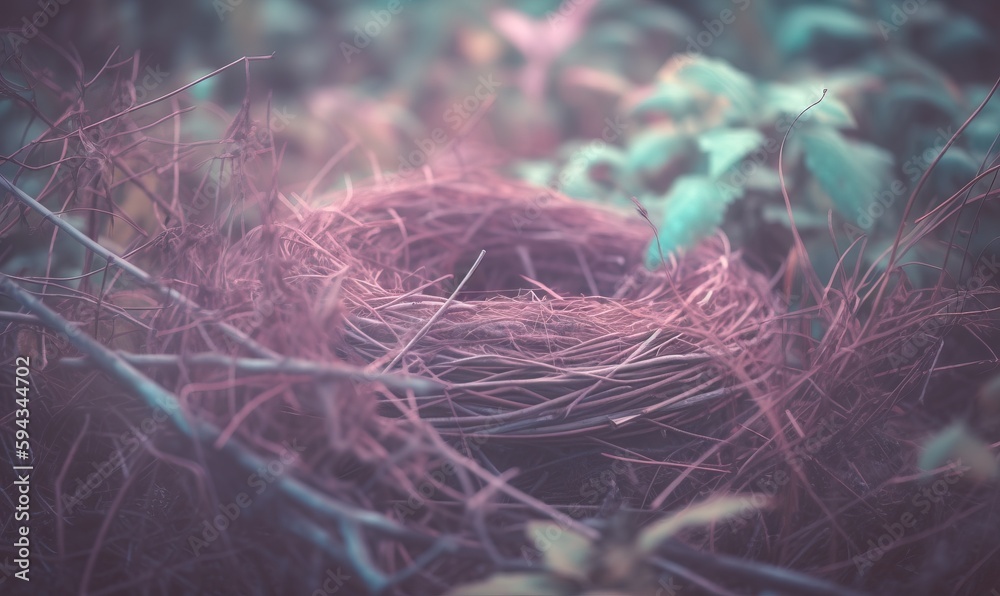  a birds nest in the middle of a grassy area with leaves on the side of the nest and a blurry backg