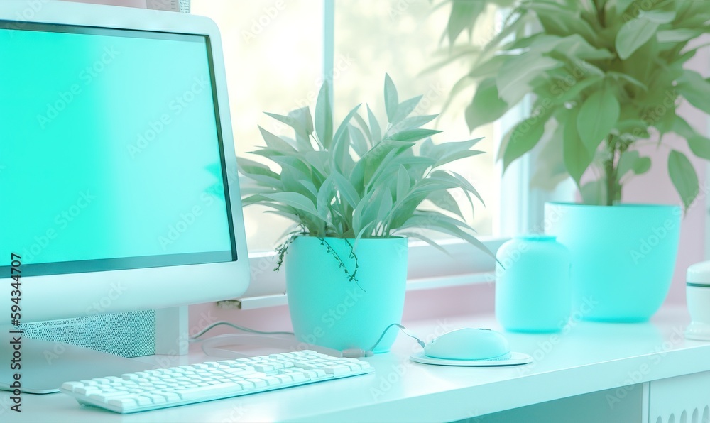  a computer monitor sitting on top of a desk next to a keyboard and a plant in a pot next to a compu