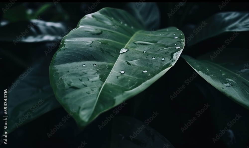  a large green leaf with water droplets on its leaves and a black background with a green leaf in t