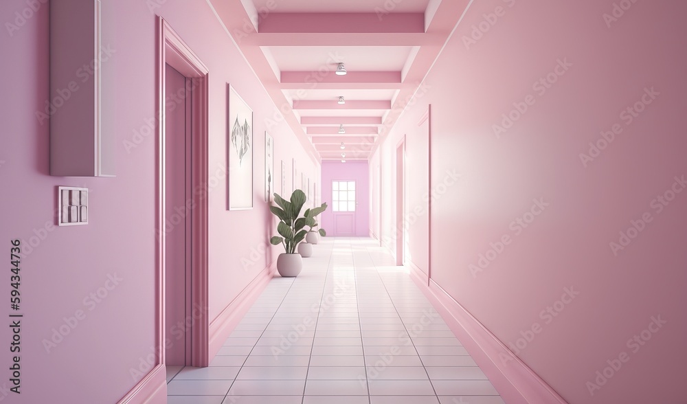  a pink hallway with a potted plant in the middle of the hallway and a pink door on the right side o