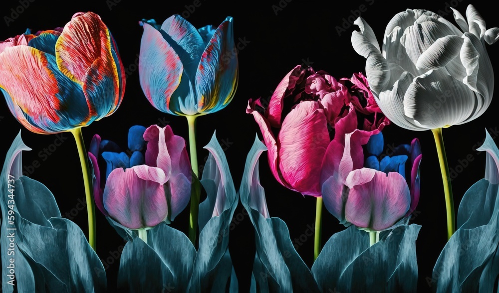  a group of three different colored tulips on a black background with a black background and a white