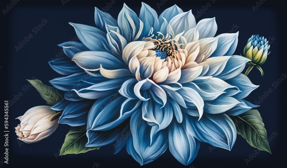  a painting of a blue and white flower on a black background with a bee on the center of the flower 