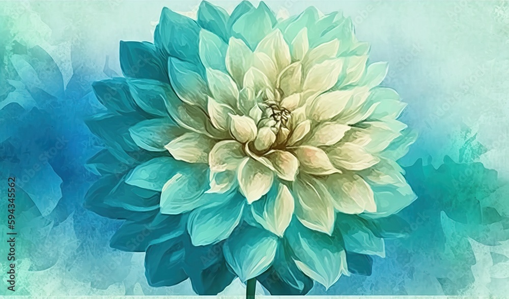  a painting of a large green flower on a blue and green background with a white border around the ce