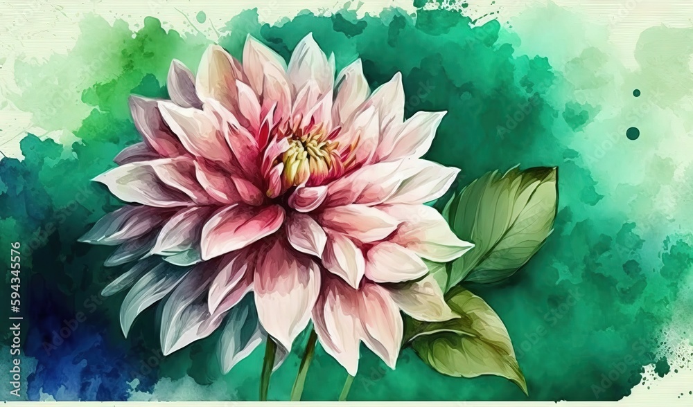  a painting of a pink flower on a green and blue watercolor background with a green spot in the midd