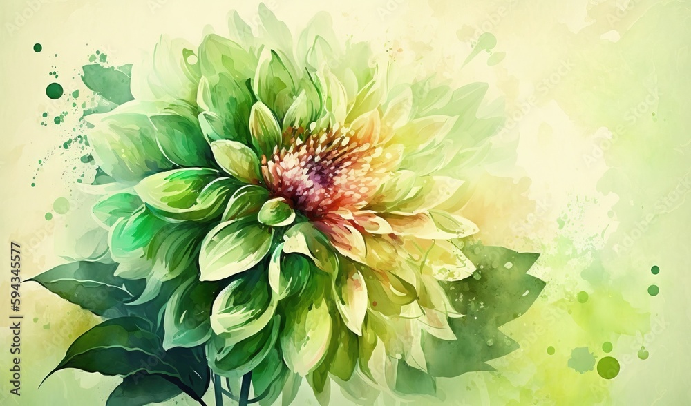  a painting of a green flower with leaves on a green background with watercolor stains and drops of 