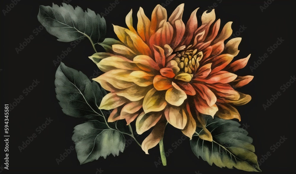  a painting of a large flower with green leaves on a black background with a black background and a 