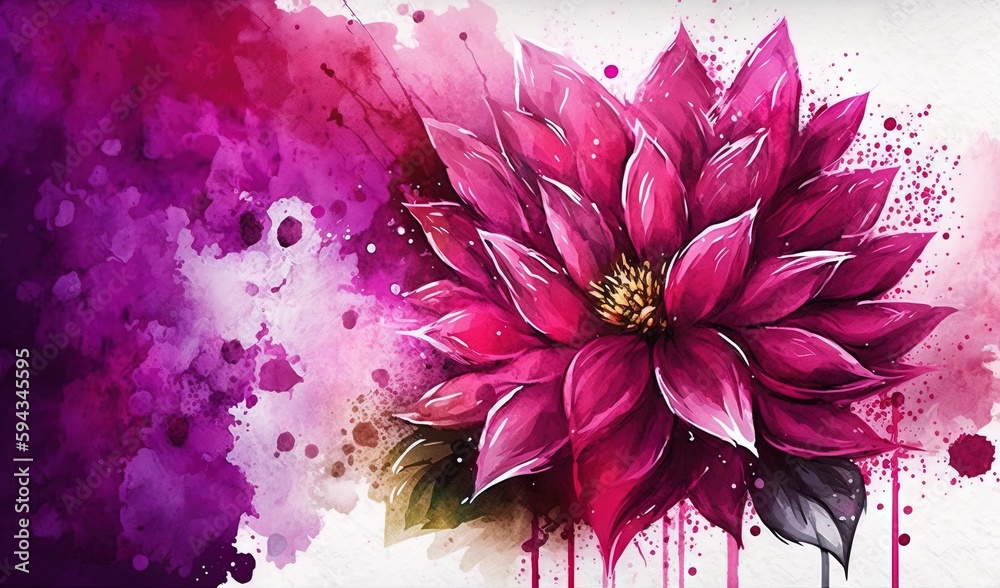  a painting of a pink flower on a white background with purple and pink paint splattered on its sid