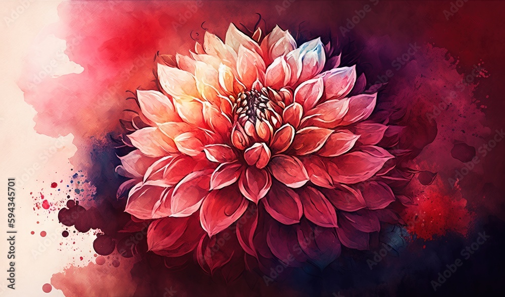  a painting of a pink flower on a red and pink background with watercolor splashes and a white and b