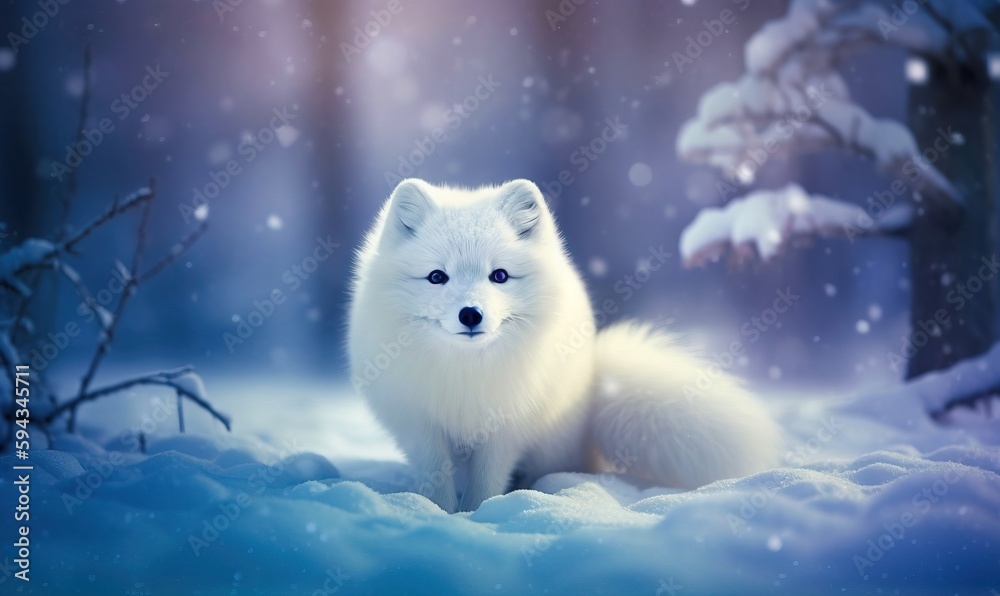  a white fox sitting in the snow in front of a forest with snow falling on the ground and trees and 