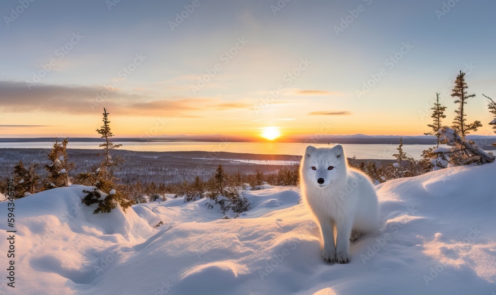  a white fox standing in the snow at sunset with the sun in the distance behind it and trees in the 