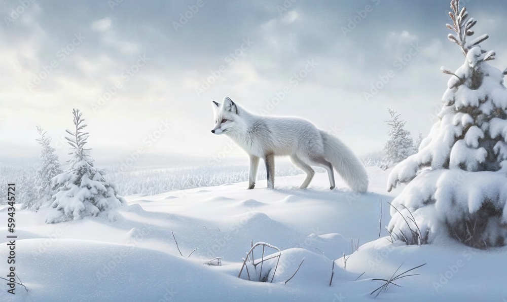  a white fox standing on top of a snow covered hill next to a pine tree in a forest filled with snow