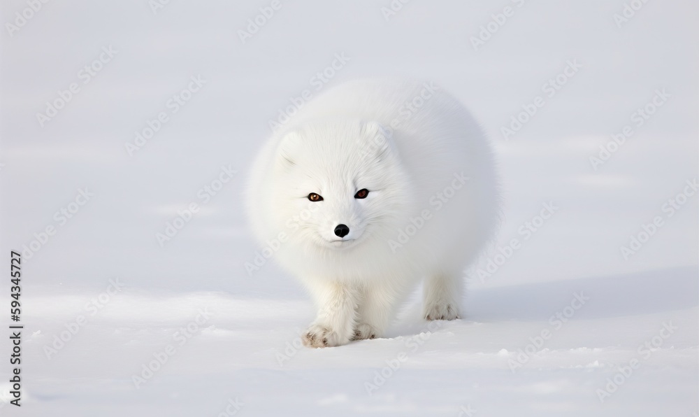  a white polar bear walking in the snow with its eyes wide open and one paw on the ground and one pa