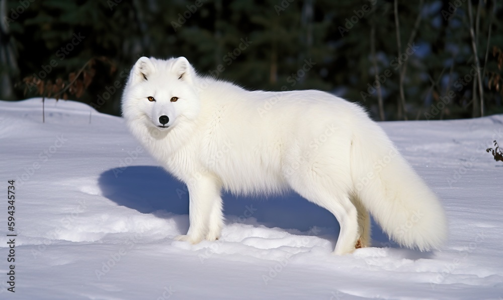  a white fox standing in the snow with trees in the backgrouund and bushes in the background, with s