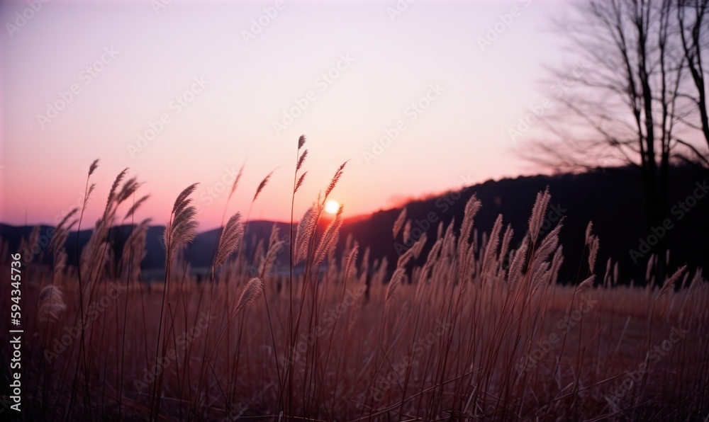  the sun is setting over a field with tall grass in the foreground and trees in the distance in the 