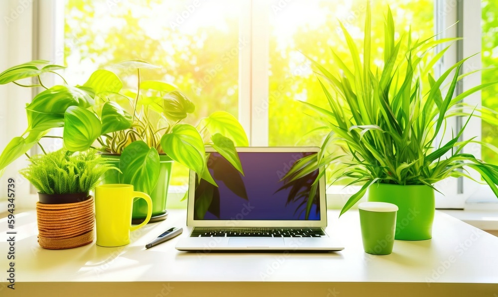  a laptop computer sitting on top of a desk next to a plant potted in front of a windowsill with sun