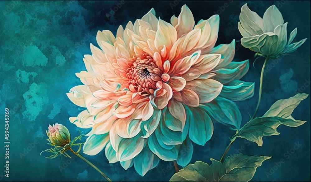  a painting of a large flower on a green background with leaves and a blue sky in the background wit