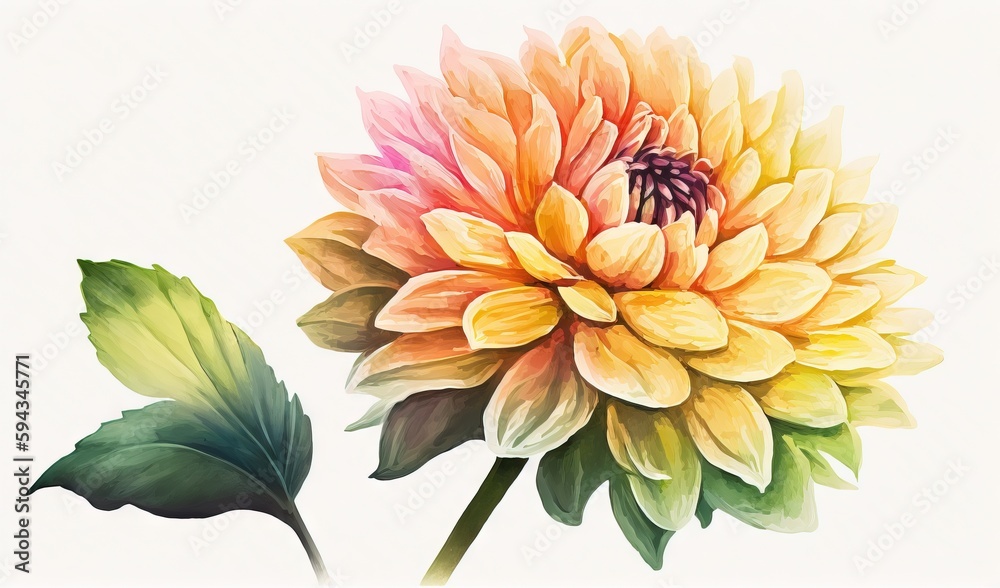  a watercolor painting of a yellow and pink flower with leaves on a white background with a green st