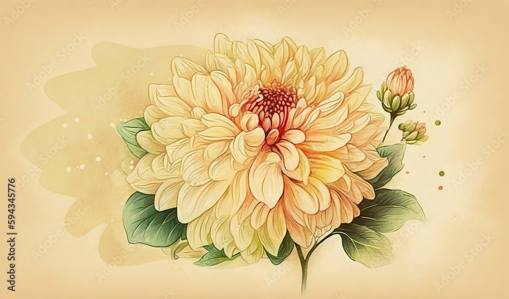  a painting of a large yellow flower with green leaves on a beige background with water drops and a 