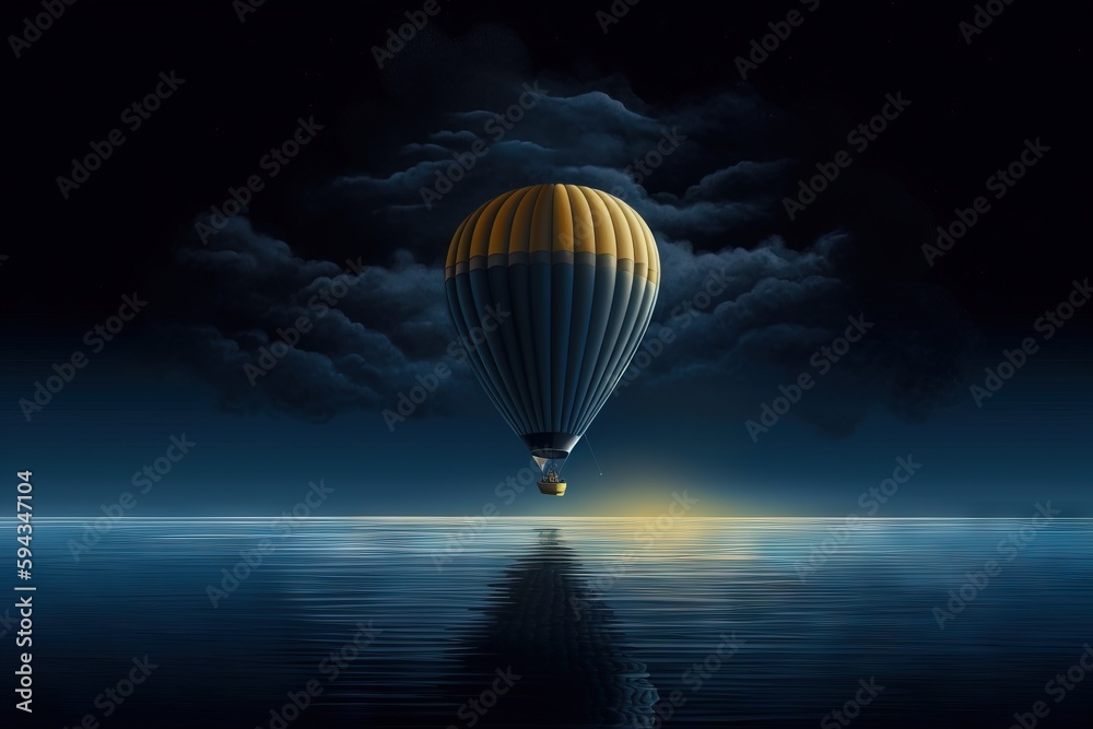  a hot air balloon flying over a body of water under a dark sky with a full moon behind it and cloud