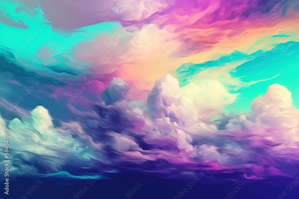  a painting of a colorful sky with clouds and a rainbow in the middle of the sky and a rainbow in th