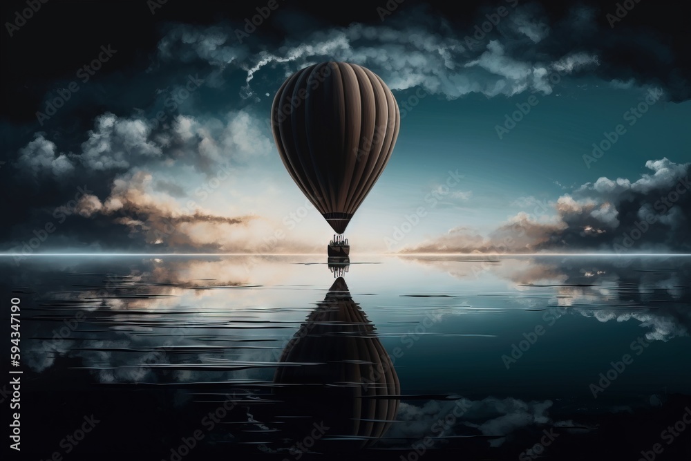  a hot air balloon floating in the sky over a body of water with clouds in the sky and a reflection 