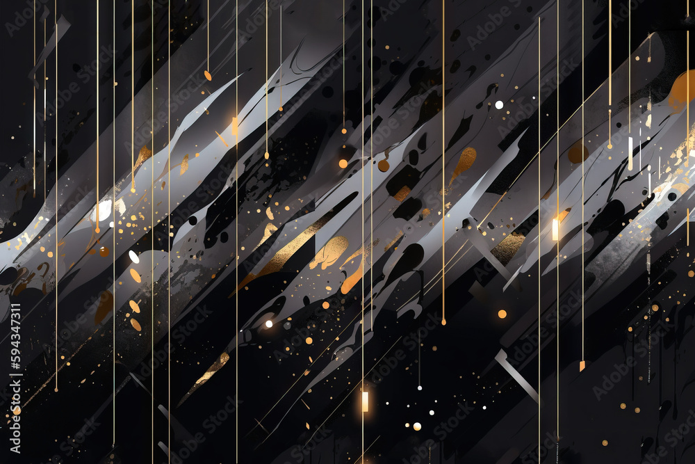  a black and gold abstract background with lines, dots, and drops of gold on a black background with