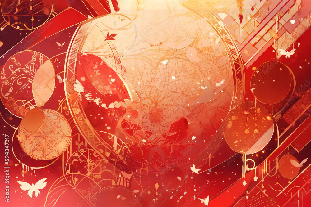  a red and gold abstract background with circles and stars in the middle of the image and a butterfl