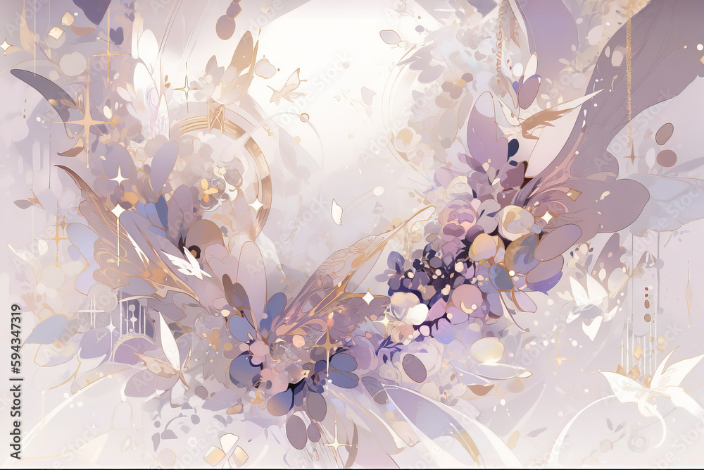  a painting of flowers and leaves on a white and purple background with a white light in the middle 