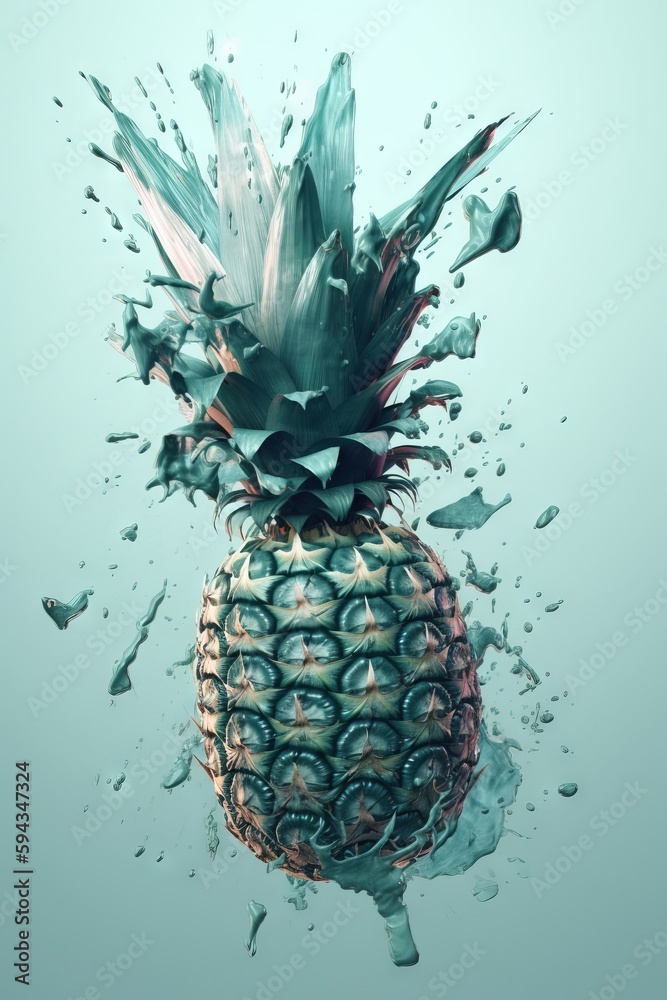  a pineapple with a splash of water on its face and a blue background with a splash of water on it