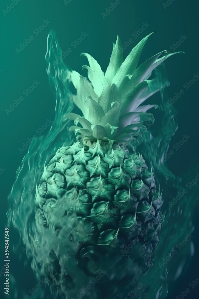  a green pineapple with water splashing on its head and a green background with a green background 