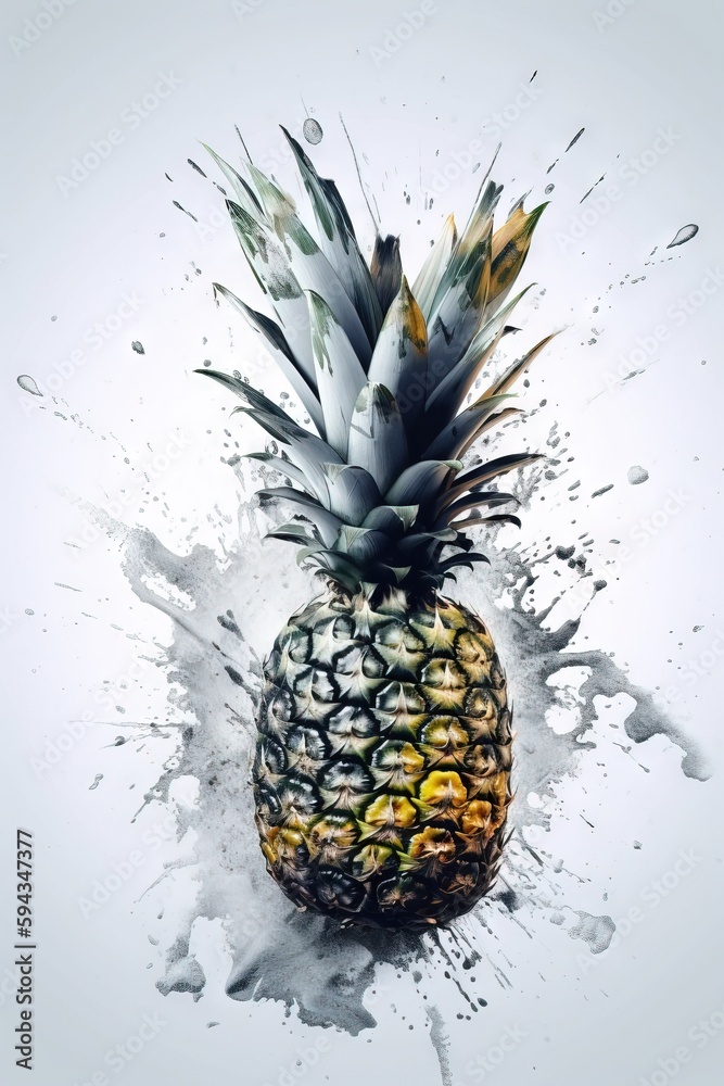  a pineapple with a splash of paint on its side and the top half of its head sticking out of it.  