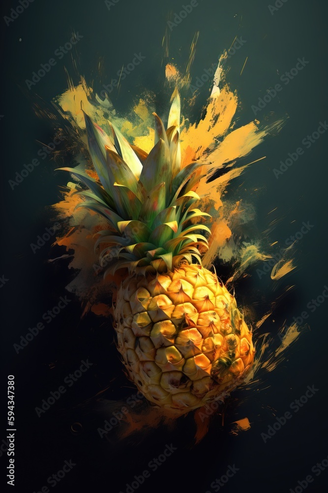  a pineapple with a splash of paint on the top of its head and bottom of its head, on a black backg