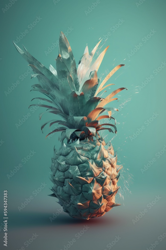  a pineapple with a splash of paint on the top of its head and bottom of its head, on a blue backgr