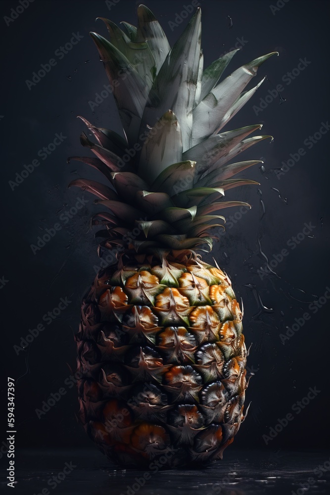  a pineapple is shown with a black background and a splash of water on its surface, and the fruit i