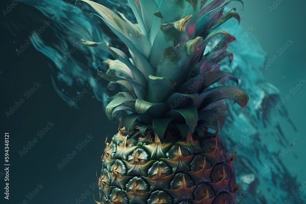  a close up of a pineapple in the water with a splash of water on its side and a splash of water be