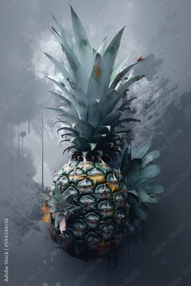  a digital painting of a pineapple on a gray background with a splash of paint on its side and the 