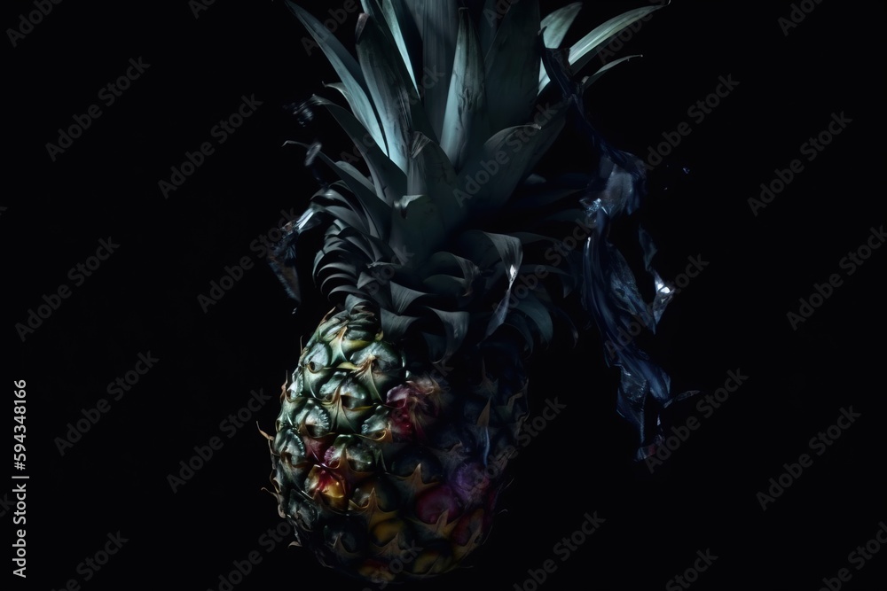  a pineapple with a bunch of fruit on its side in a dark room with smoke coming out of the top of i