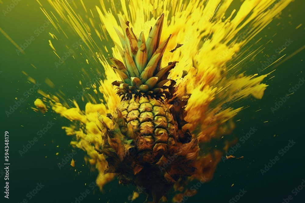  a pineapple with yellow and green sprinkles on its head and body, in front of a dark green backgro