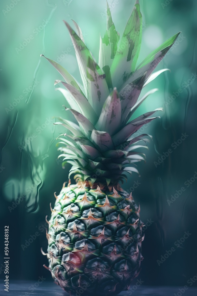  a pineapple sitting on top of a table next to a green forest behind a blurry background of leaves a