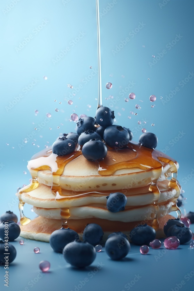  a stack of pancakes with syrup and blueberries on a blue background with drops of water on the panc