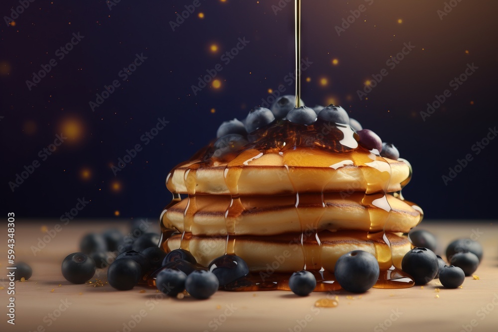  a stack of pancakes with syrup and blueberries on a table with a sparkler on top of them and a blue