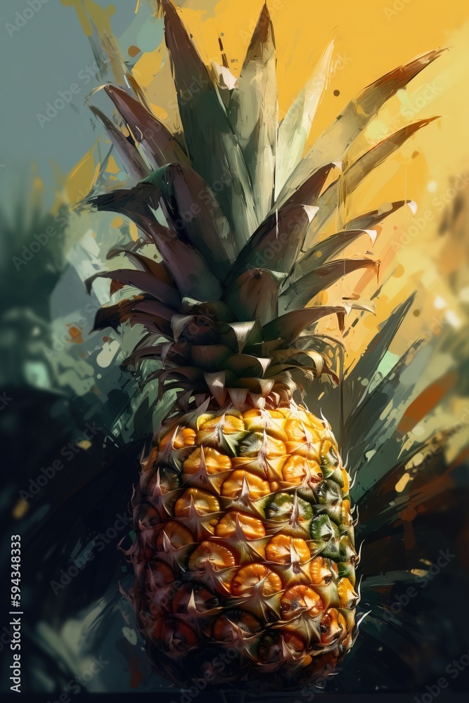  a pineapple is shown in a digital painting style, with a yellow background and green leaves on the 