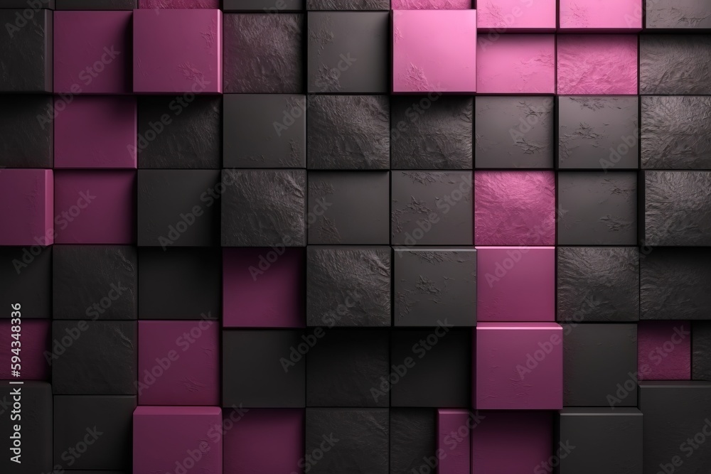  a purple and black wall with squares of different sizes and colors on it, with a black background a