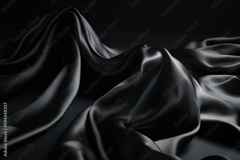  a black and white photo of a cloth that is flowing in the wind, with a black background that is ver