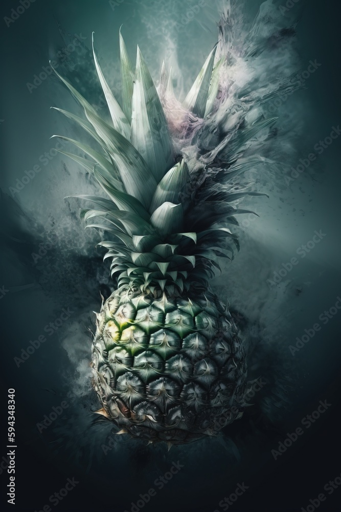  a pineapple with smoke coming out of its center and a black background with a green and white phot